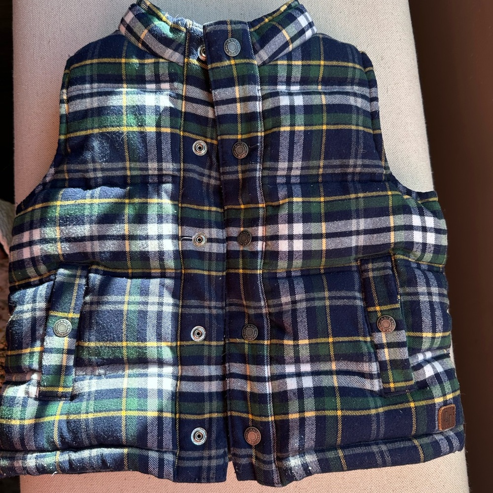 Janie and Jack Plaid Puffer Vest in Navy, Green & Yellow